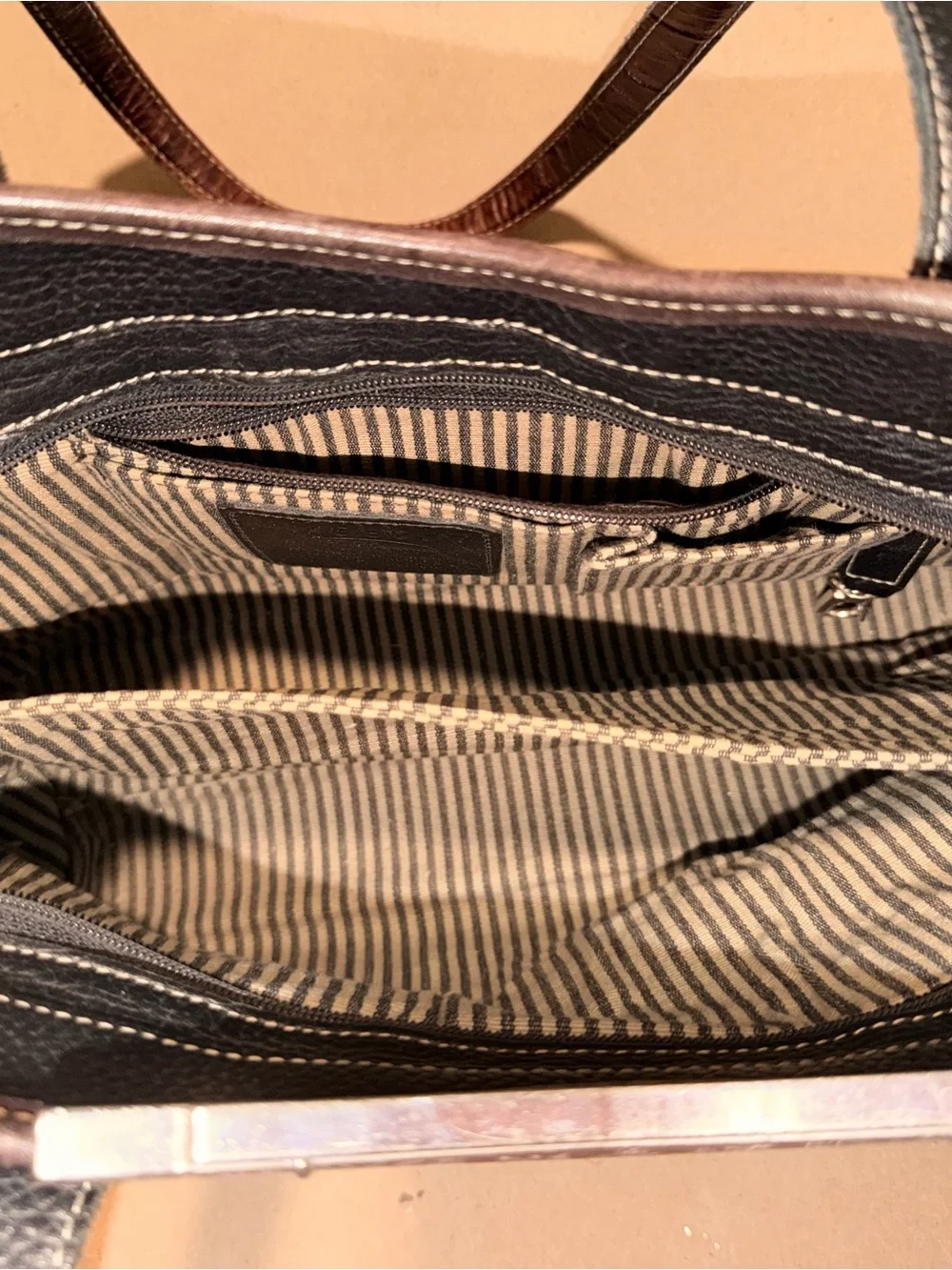 Brighton Black Pebbled Leather Shoulder Bag with Brown Croc-Embossed Trim